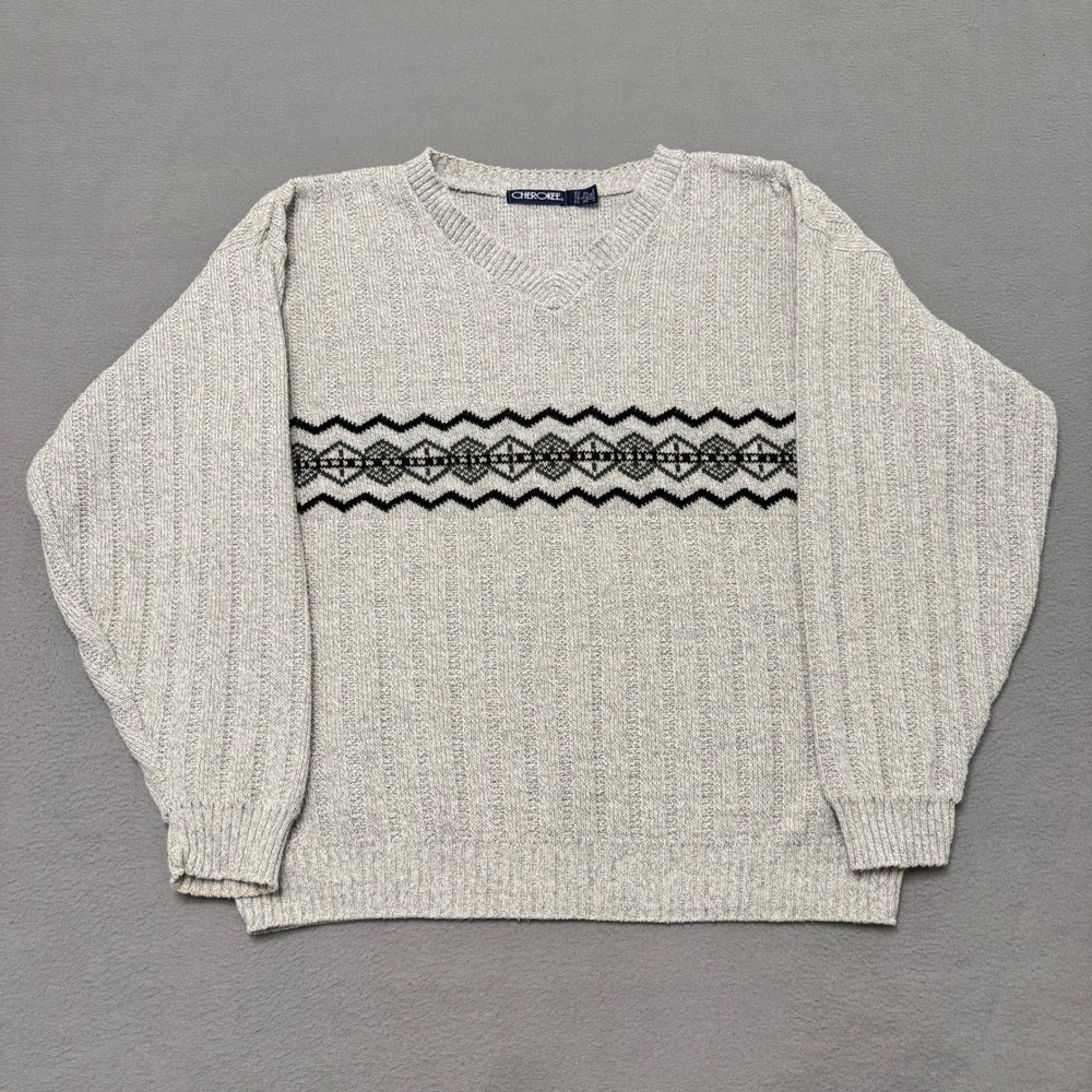 Cherokee Sweater Mens L Gray V Neck Geometric Fair Isle Vintage 90s